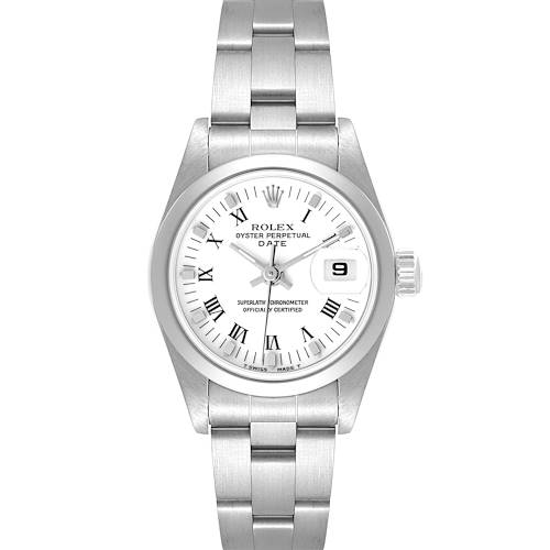 The image shows a Rolex Date 69160 Women's Stainless Steel White Dial 69160 Women's Stainless Steel White Dial model watch from a front view, displaying the dial, hands, date window, and bracelet.