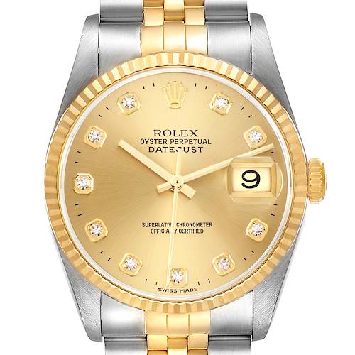 The Rolex Datejust 16233 Men's Steel and Gold (two tone) Champagne Dial 16233 Men's Steel and Gold (two tone) Champagne Dial watch is shown from the front, displaying the gold dial, diamond hour markers, fluted bezel, and two-tone bracelet.