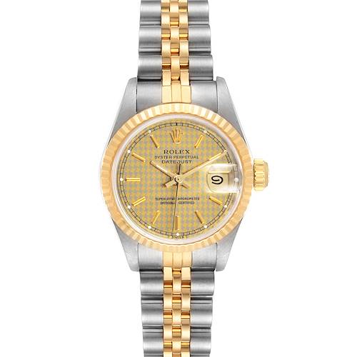 The image shows a Rolex Datejust 69173 Women's Steel and Gold (two tone) Champagne Dial 69173 Women's Steel and Gold (two tone) Champagne Dial watch from a top-down angle, highlighting its dial, bezel, crown, and two-tone bracelet.