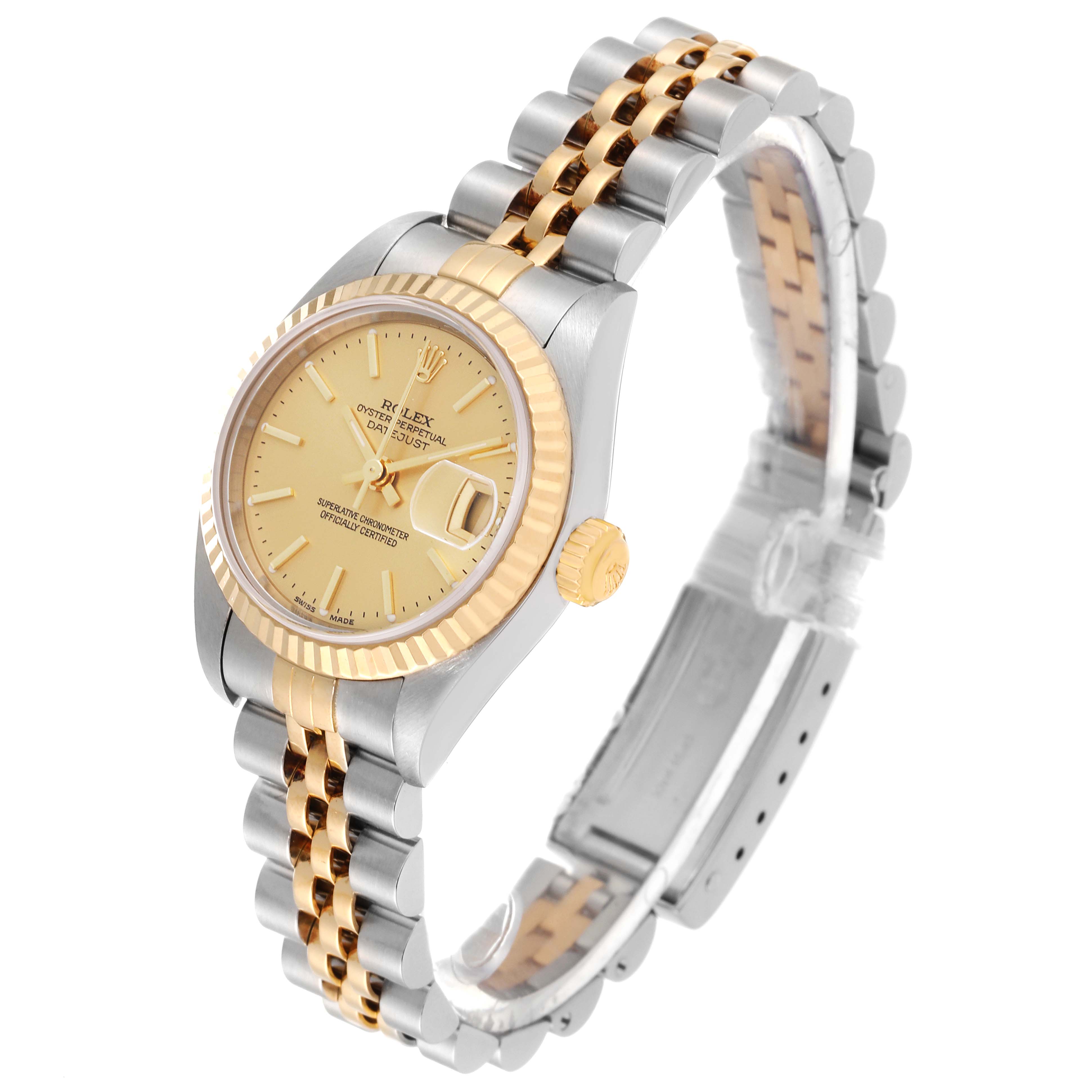 The Rolex Datejust 79173 Women's Steel and Gold (two tone) Champagne Dial 79173 Women's Steel and Gold (two tone) Champagne Dial watch is shown at a three-quarter angle, displaying the face, fluted bezel, and two-tone bracelet.