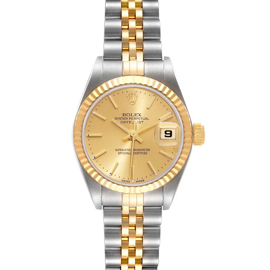 This image shows a front view of a Rolex Datejust 79173 Women's Steel and Gold (two tone) Champagne Dial 79173 Women's Steel and Gold (two tone) Champagne Dial watch with a two-tone gold and silver band.