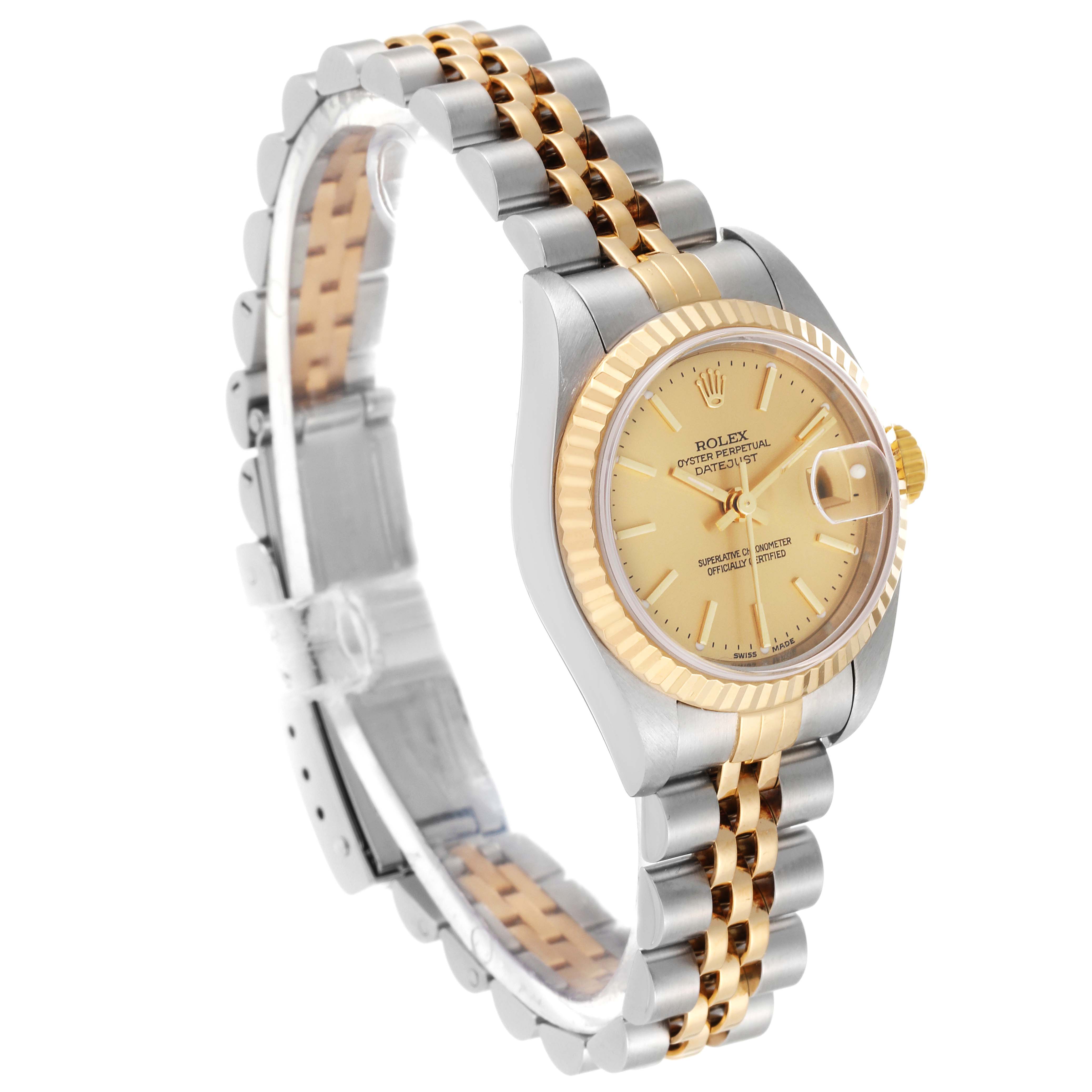 The image shows a Rolex Datejust 79173 Women's Steel and Gold (two tone) Champagne Dial 79173 Women's Steel and Gold (two tone) Champagne Dial watch angled slightly to the left, highlighting the dial, bezel, and two-tone bracelet.