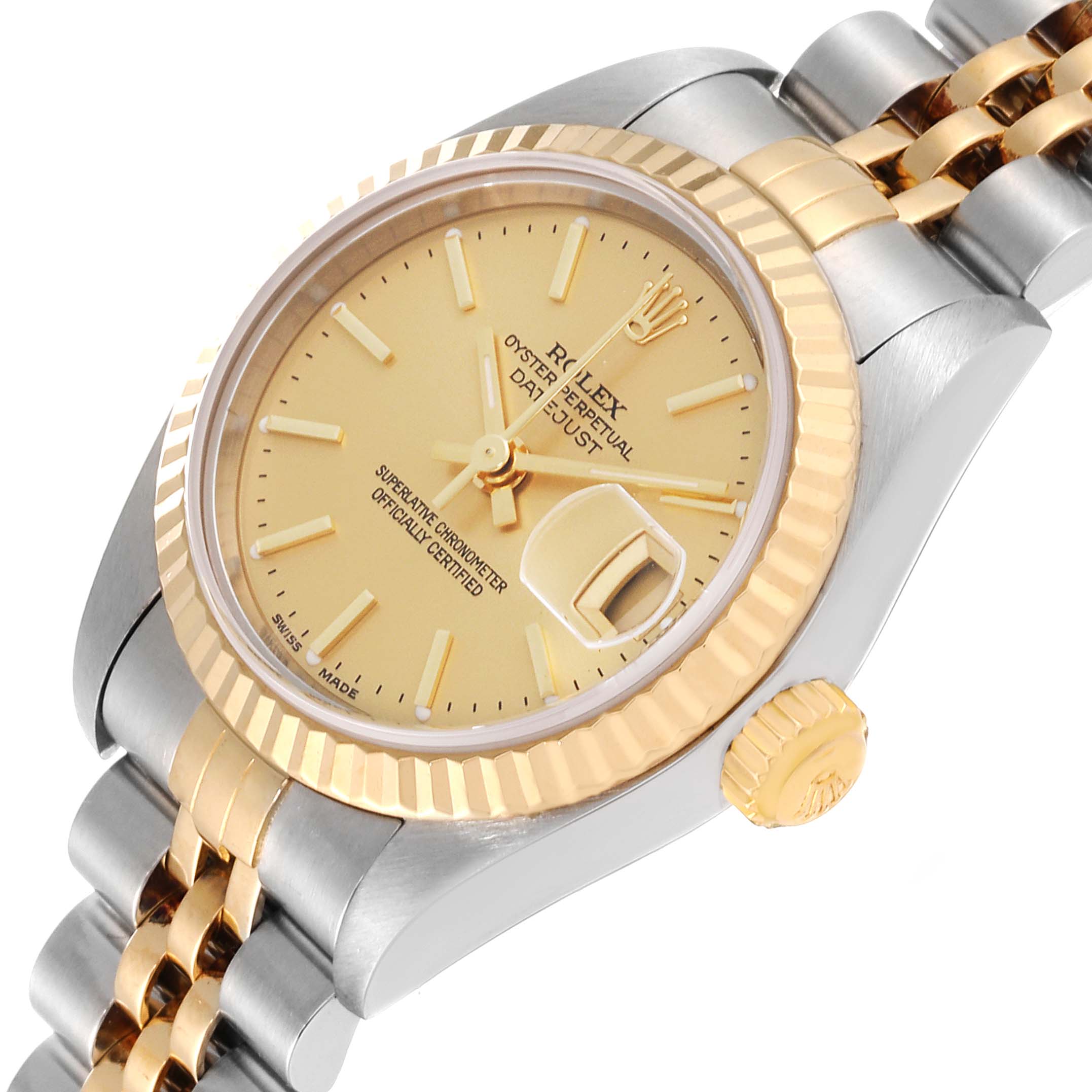 This image shows a side-angle view of a Rolex Datejust 79173 Women's Steel and Gold (two tone) Champagne Dial 79173 Women's Steel and Gold (two tone) Champagne Dial watch, highlighting the dial, bezel, crown, and part of the bracelet.