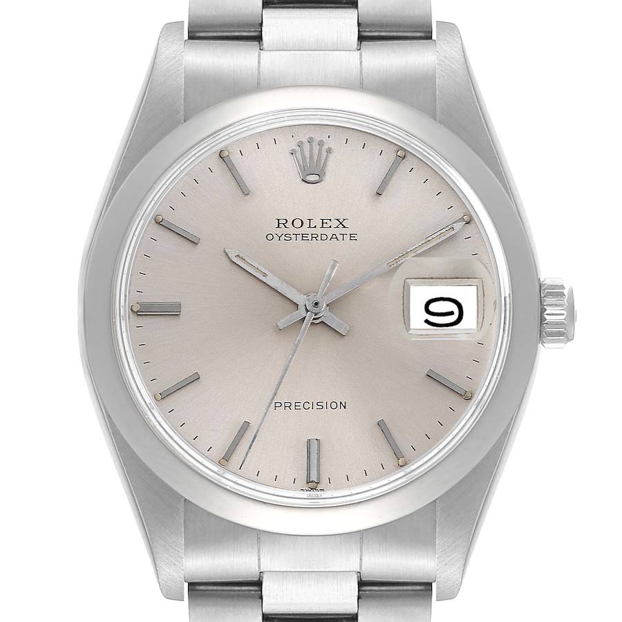This is a frontal view of a Rolex Oysterdate Precision watch, displaying the dial, crown, date window, and part of the bracelet.