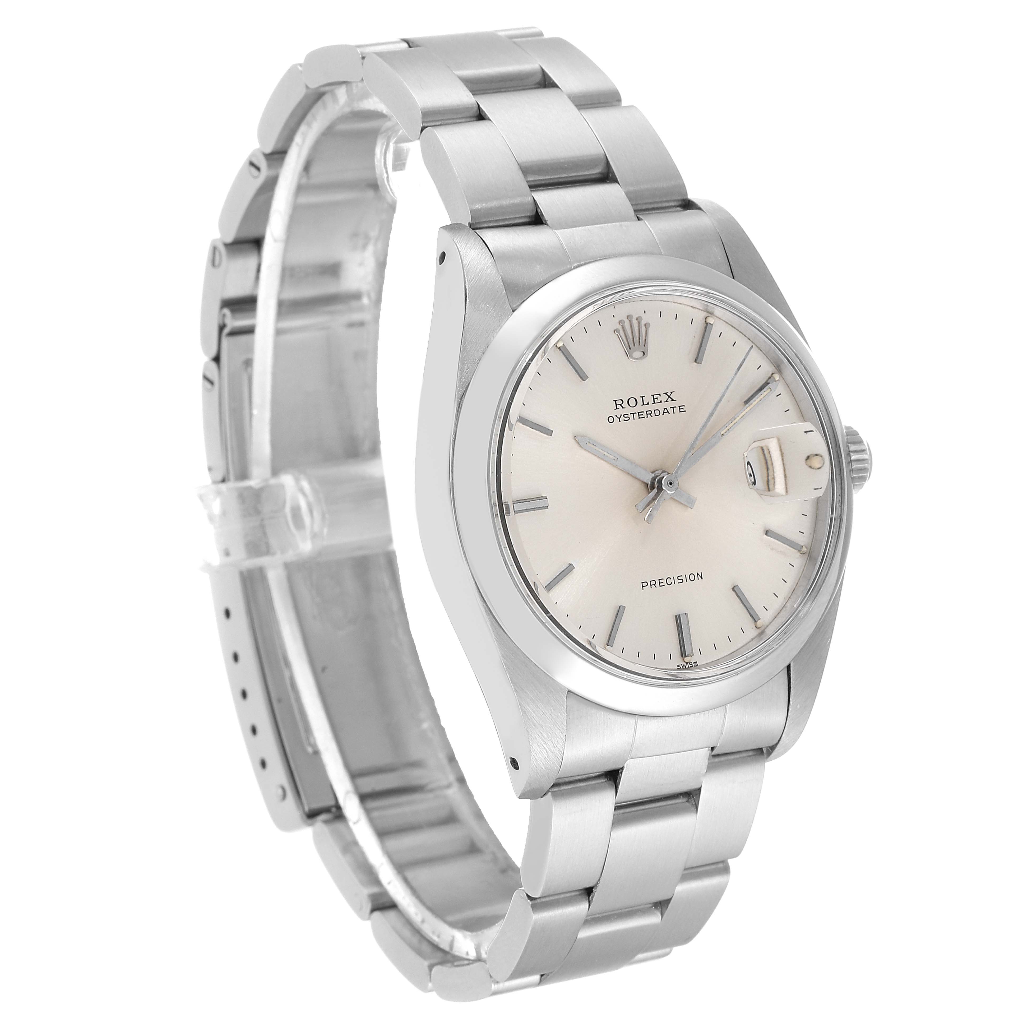 This image shows a Rolex Date 6694 Men's Stainless Steel Silver Dial 6694 Men's Stainless Steel Silver Dial model watch from an angled perspective, highlighting the face, bezel, and stainless steel bracelet.