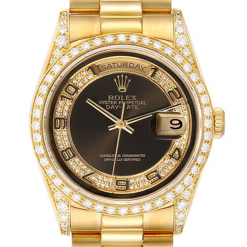 This image shows a front view of a Rolex President 18388 Men's Yellow Gold Brown Dial 18388 Men's Yellow Gold Brown Dial model watch, highlighting its gold and diamond-encrusted bezel and bracelet.