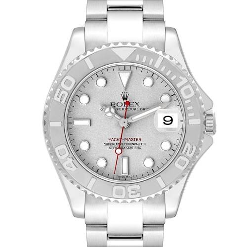 This image shows a frontal view of a Rolex Yacht-Master 168622 Men's Stainless Steel Silver Dial 168622 Men's Stainless Steel Silver Dial watch, highlighting its dial, bezel, bracelet, and date window.