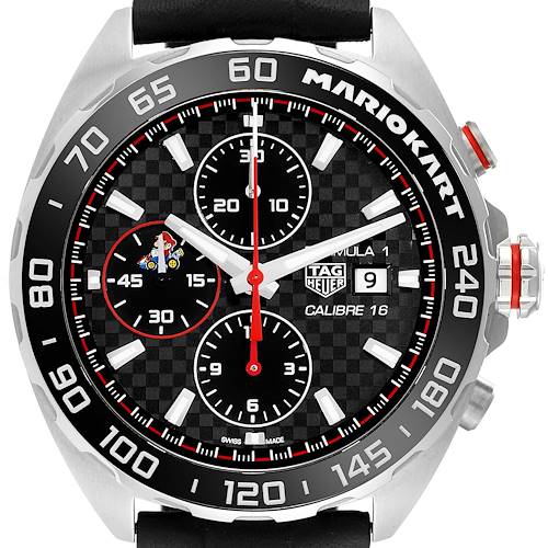 This is a frontal view of the Tag Heuer Mario Kart Limited Edition watch, showcasing its face, bezel, and crown.