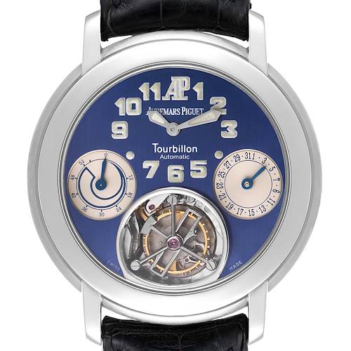 The image shows a front view of the Audemars Piguet Jules 25964PT.OO.D022CR.01 Men's Platinum Blue Dial 25964PT.OO.D022CR.01 Men's Platinum Blue Dial model watch, showcasing its tourbillon and sub-dials.