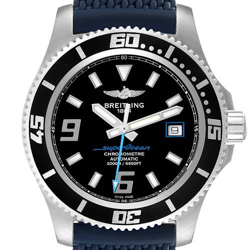 The Breitling Superocean A17391 Men's Stainless Steel Black Dial A17391 Men's Stainless Steel Black Dial watch is shown from a frontal angle, displaying the dial, bezel, strap, and crown.
