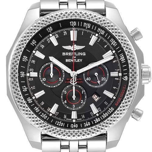 The Breitling Bentley A25368 Men's Stainless Steel Black Dial A25368 Men's Stainless Steel Black Dial watch is shown from a top view, featuring the dial, bezel, chronograph, and part of the bracelet.