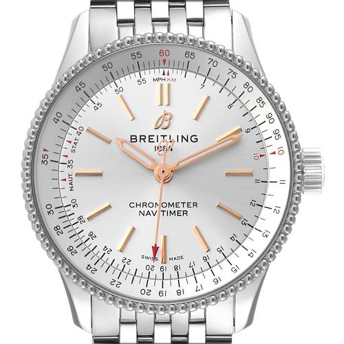 This image shows the face and part of the bracelet of the Breitling A17395 Women's Stainless Steel Silver Dial A17395 Women's Stainless Steel Silver Dial Navitimer Automatic 35 Silver Dial Steel Ladies Watch A17395.