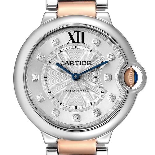 This is a front-facing view of the Cartier Ballon Bleu WE902031 Women's Steel and Gold (two tone) Silver Dial WE902031 Women's Steel and Gold (two tone) Silver Dial watch, showcasing its dial, hands, crown, and part of the bracelet.