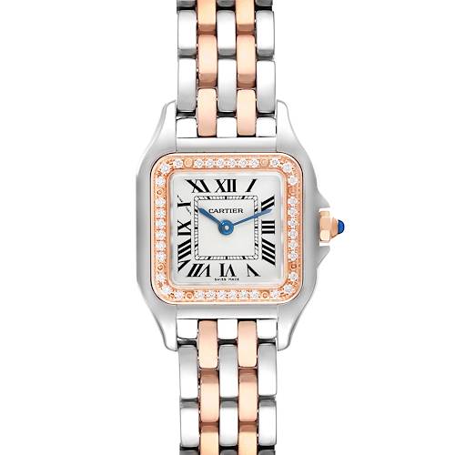 The Cartier Panthere W3PN0006 Women's Steel and Gold (two tone) Silver Dial W3PN0006 Women's Steel and Gold (two tone) Silver Dial watch is shown from the front, highlighting its square face, gold and steel bracelet, and diamond-set bezel.