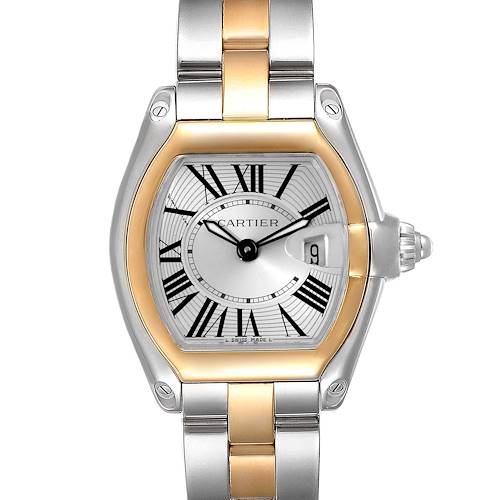 This image shows the front view of a Cartier Roadster W62026Y4 Women's Steel and Gold (two tone) Silver Dial W62026Y4 Women's Steel and Gold (two tone) Silver Dial watch, highlighting the dial, bezel, and part of the bracelet.