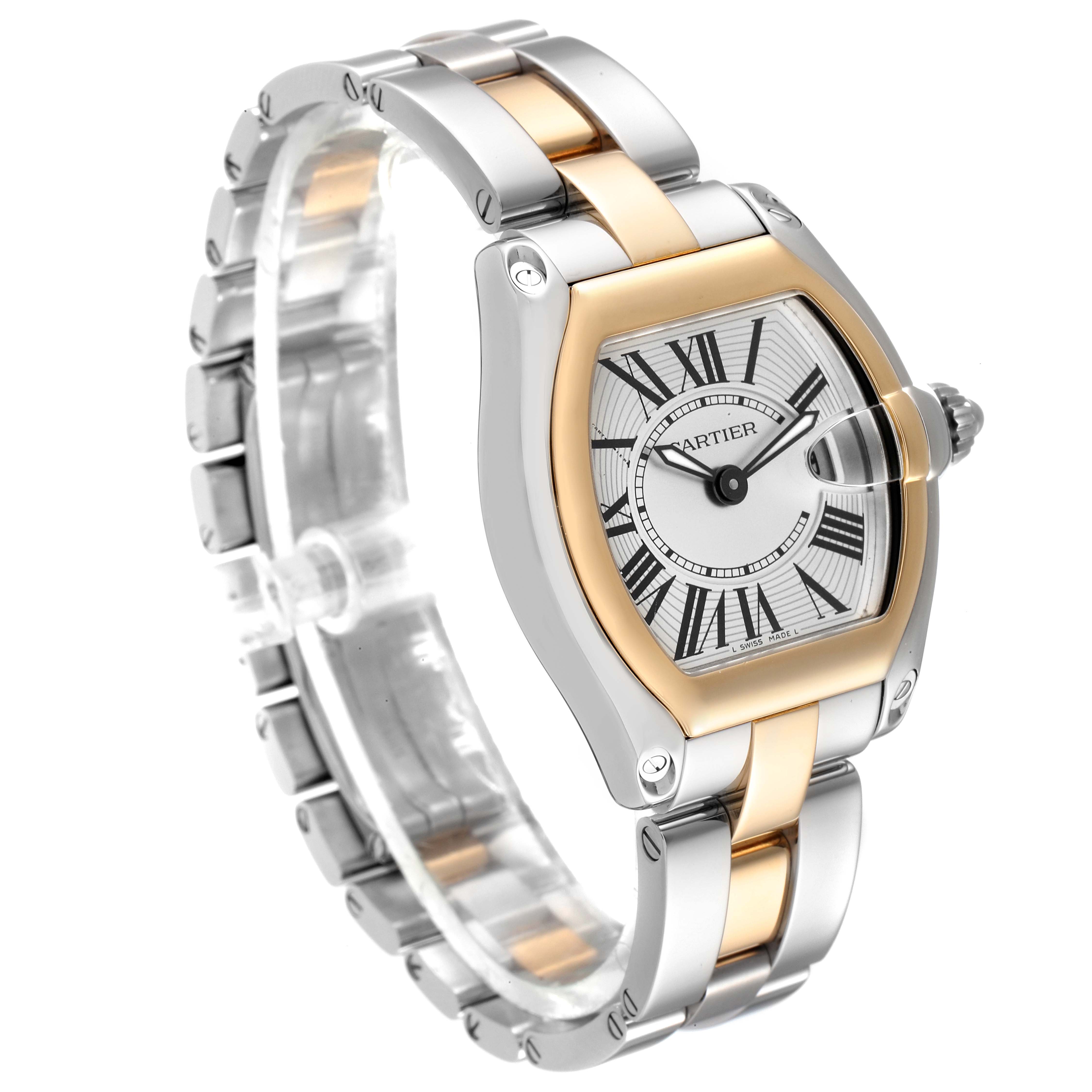 The image shows a Cartier Roadster W62026Y4 Women's Steel and Gold (two tone) Silver Dial W62026Y4 Women's Steel and Gold (two tone) Silver Dial watch at a three-quarter angle, highlighting its dial, bracelet, and bezel.