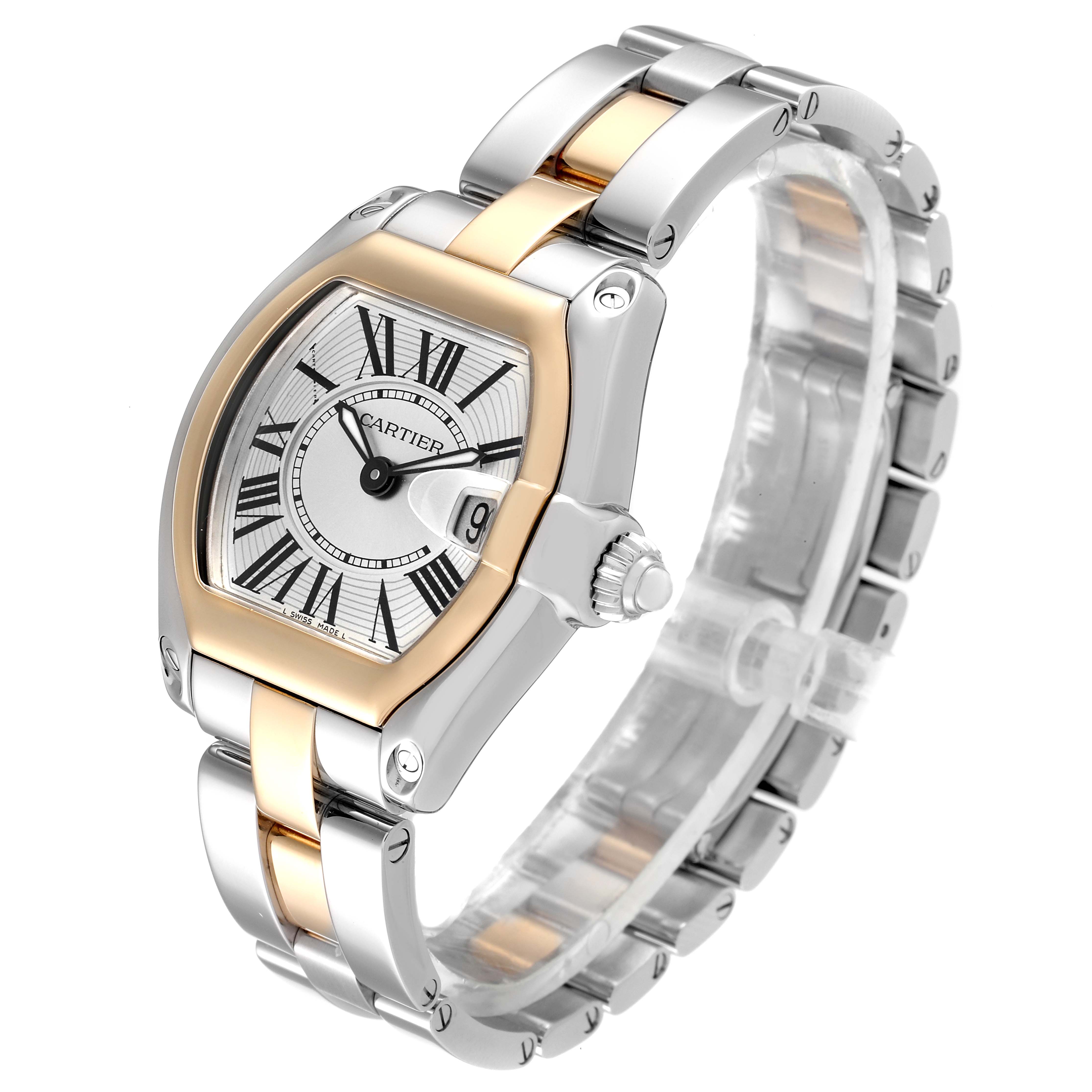 The Cartier Roadster W62026Y4 Women's Steel and Gold (two tone) Silver Dial W62026Y4 Women's Steel and Gold (two tone) Silver Dial watch is shown at an angle revealing the face, bezel, crown, and bracelet.