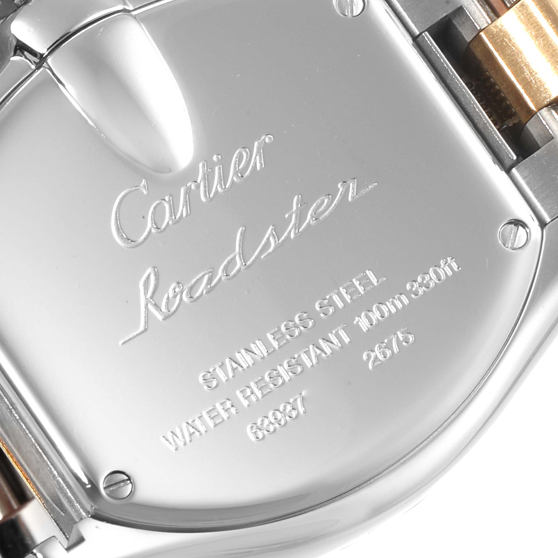 The image shows the back case of a Cartier Roadster W62026Y4 Women's Steel and Gold (two tone) Silver Dial W62026Y4 Women's Steel and Gold (two tone) Silver Dial watch, displaying engraving details and part of the band attachment.