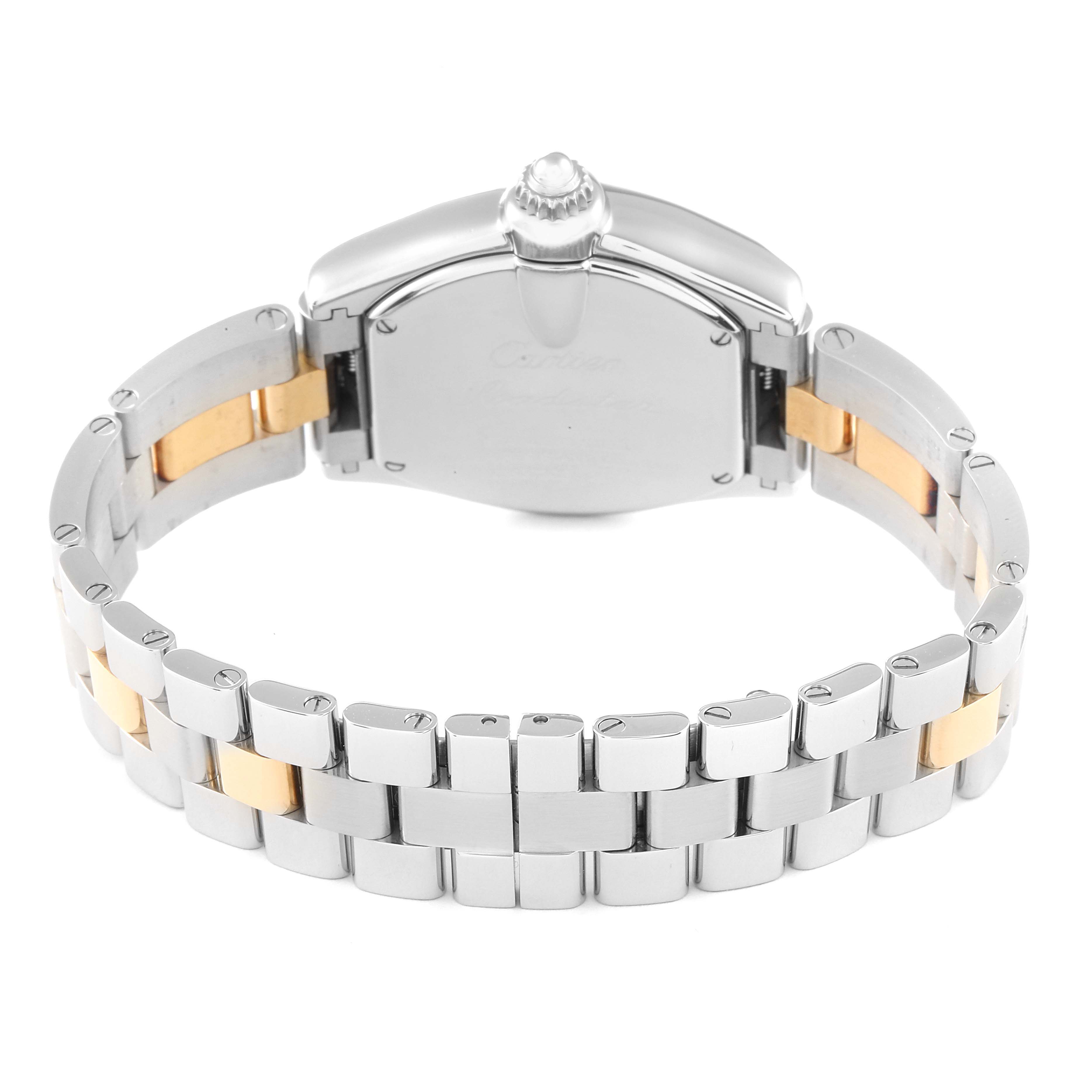 The image shows the back view of a Roadster model watch by Cartier, highlighting the case and bracelet.