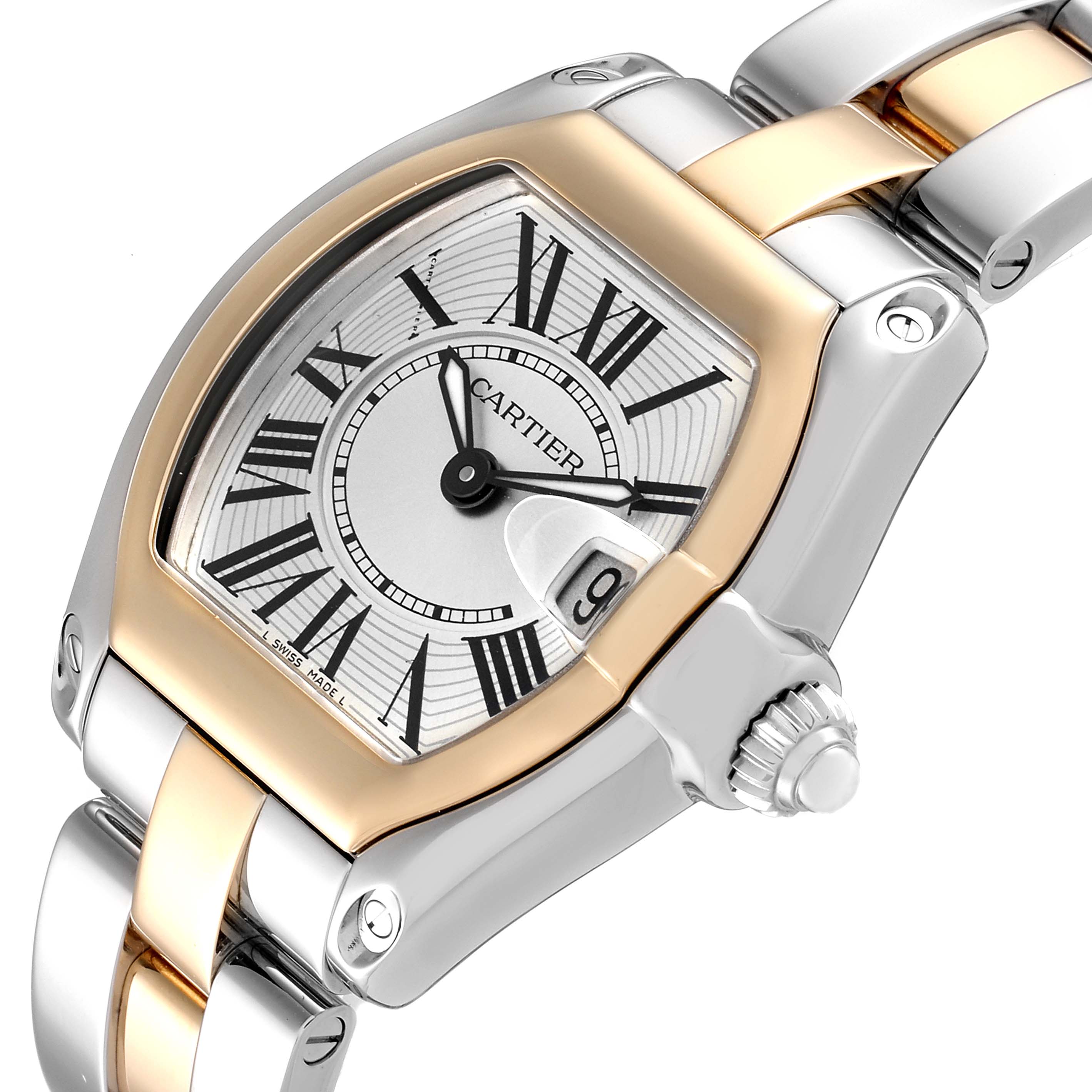 The image shows a close-up of a Cartier Roadster W62026Y4 Women's Steel and Gold (two tone) Silver Dial W62026Y4 Women's Steel and Gold (two tone) Silver Dial watch featuring the dial, case, and part of the bracelet.