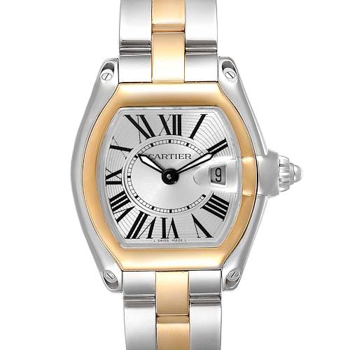 The image shows a front view of a Cartier Roadster W62026Y4 Women's Steel and Gold (two tone) Silver Dial W62026Y4 Women's Steel and Gold (two tone) Silver Dial watch, highlighting its dial, bezel, and part of the bracelet.