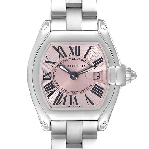 This image shows a front view of the Cartier Roadster W62017V3 Women's Stainless Steel Pink Dial W62017V3 Women's Stainless Steel Pink Dial watch, highlighting the dial, hands, date window, and part of the bracelet.