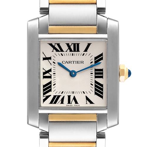 The image shows a front view of the Cartier Tank Francaise W2TA0003 Women's Steel and Gold (two tone) Silver Dial W2TA0003 Women's Steel and Gold (two tone) Silver Dial watch, highlighting the dial, Roman numeral markers, and parts of the bracelet.