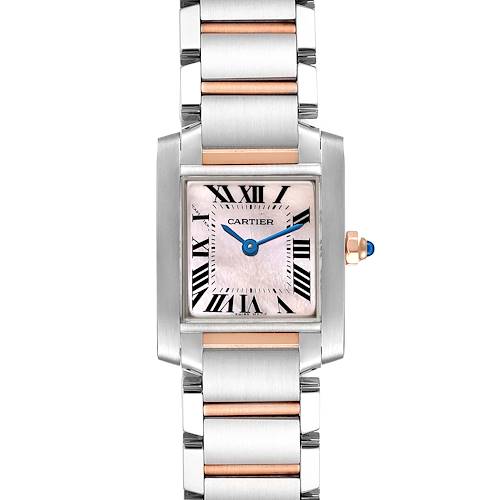 The image shows a front view of a Cartier Tank Française watch, highlighting its rectangular face, Roman numerals, and dual-tone bracelet.