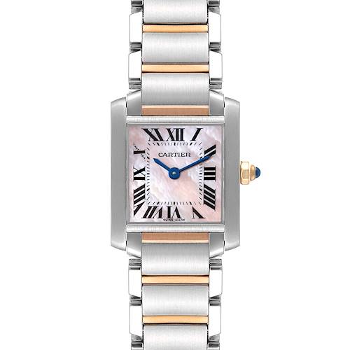 The image shows a front view of the Cartier Tank Francaise W51027Q4 Women's Steel and Gold (two tone) Mother of Pearl Dial W51027Q4 Women's Steel and Gold (two tone) Mother of Pearl Dial watch, featuring its face, bracelet, and the crown with a blue cabochon.