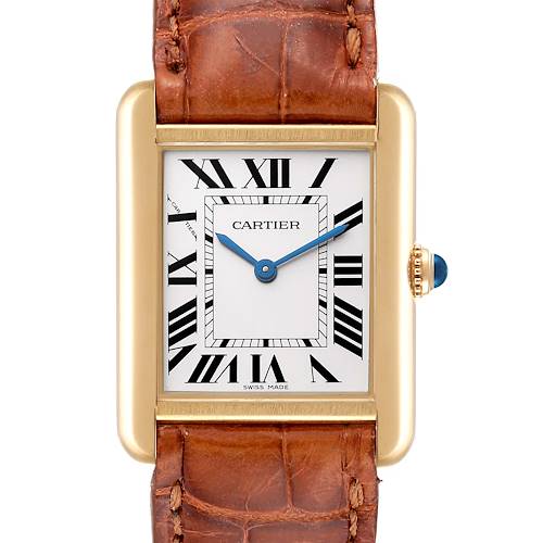 The Cartier Tank Solo W1018755 Women's Yellow Gold Silver Dial W1018755 Women's Yellow Gold Silver Dial watch is shown from a front angle, highlighting its face, Roman numerals, and brown leather strap.