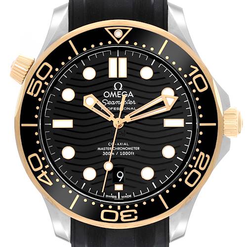 This is a front view of the Omega Seamaster 210.22.42.20.01.001 Men's Steel and Gold (two tone) Black Dial 210.22.42.20.01.001 Men's Steel and Gold (two tone) Black Dial Professional watch, showing the dial, bezel, and hands.