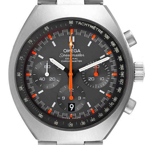 The image shows a frontal view of the Omega Speedmaster 327.10.43.50.06.001 Men's Stainless Steel Grey Dial 327.10.43.50.06.001 Men's Stainless Steel Grey Dial watch, highlighting its tachymeter bezel, chronograph sub-dials, and date display.