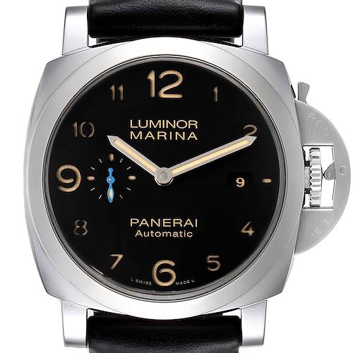 The image shows a Panerai Luminor PAM01359 Men's Stainless Steel Black Dial PAM01359 Men's Stainless Steel Black Dial Marina watch from a front angle, highlighting the face, hands, and crown guard.