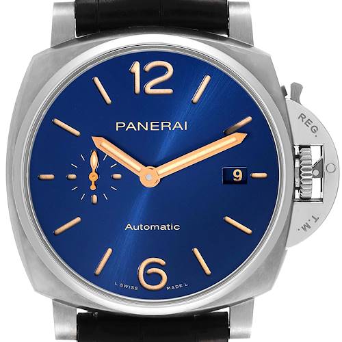 The image shows the front view of a Panerai Luminor Due PAM00927 Men's Titanium Blue Dial PAM00927 Men's Titanium Blue Dial watch, showcasing the dial, hands, crown guard, and strap.
