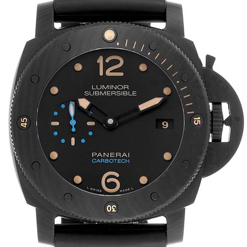 The Panerai Luminor PAM00616 Men's Ceramic Black Dial PAM00616 Men's Ceramic Black Dial watch is shown from a front angle, displaying the dial, hands, and crown guard clearly.