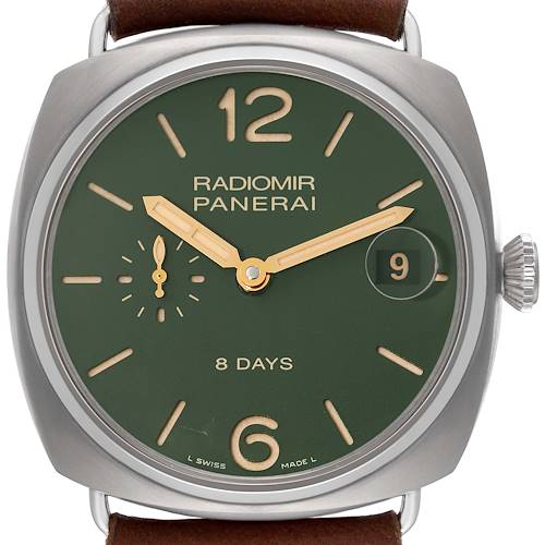 The image shows a close-up, front view of the Panerai Radiomir PAM00735 Men's Titanium Green Dial PAM00735 Men's Titanium Green Dial watch face, displaying the dial and hands clearly.