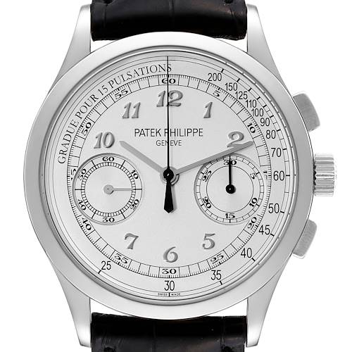 The Patek Philippe Complications 5170G-001 Men's White Gold Silver Dial 5170G-001 Men's White Gold Silver Dial watch is shown head-on, displaying the dial, hands, subdials, and part of the leather strap.