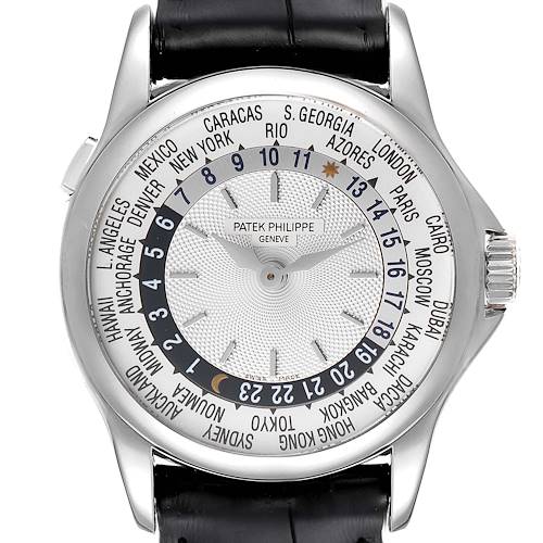 This Patek Philippe Calatrava 5110G Men's White Gold Silver Dial 5110G Men's White Gold Silver Dial watch is shown from the front, displaying its dial, hands, and world time zone feature.