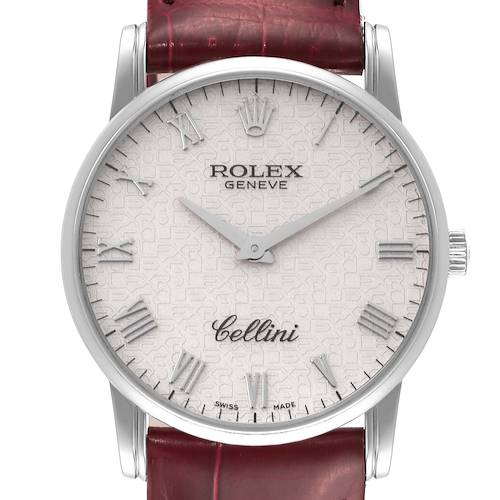 The image shows a front view of a Rolex Cellini 5116 Men's White Gold Beige Dial 5116 Men's White Gold Beige Dial watch, highlighting its dial, hands, case, and part of the strap.