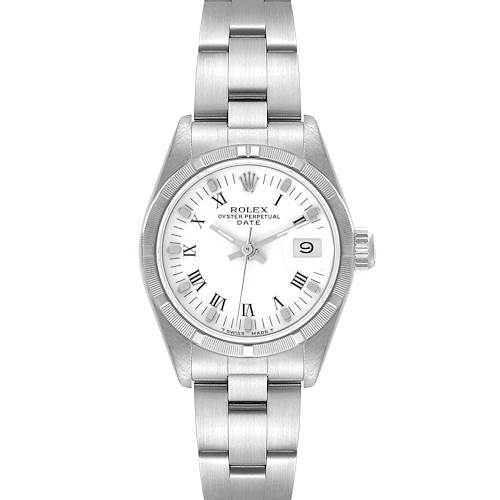 The image shows a front view of a Rolex Date 69190 Women's Stainless Steel White Dial 69190 Women's Stainless Steel White Dial model watch, highlighting its white dial, Roman numerals, and metal bracelet.