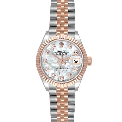 The Rolex Datejust 279171 Women's Steel and Gold (two tone) Mother of Pearl Dial 279171 Women's Steel and Gold (two tone) Mother of Pearl Dial watch is shown from a top view, displaying the face, bezel, and two-tone bracelet.