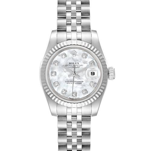 This image shows a frontal view of a Rolex Datejust 179174 Women's Stainless Steel Mother of Pearl Dial 179174 Women's Stainless Steel Mother of Pearl Dial watch, highlighting its dial, bezel, bracelet, and date window.