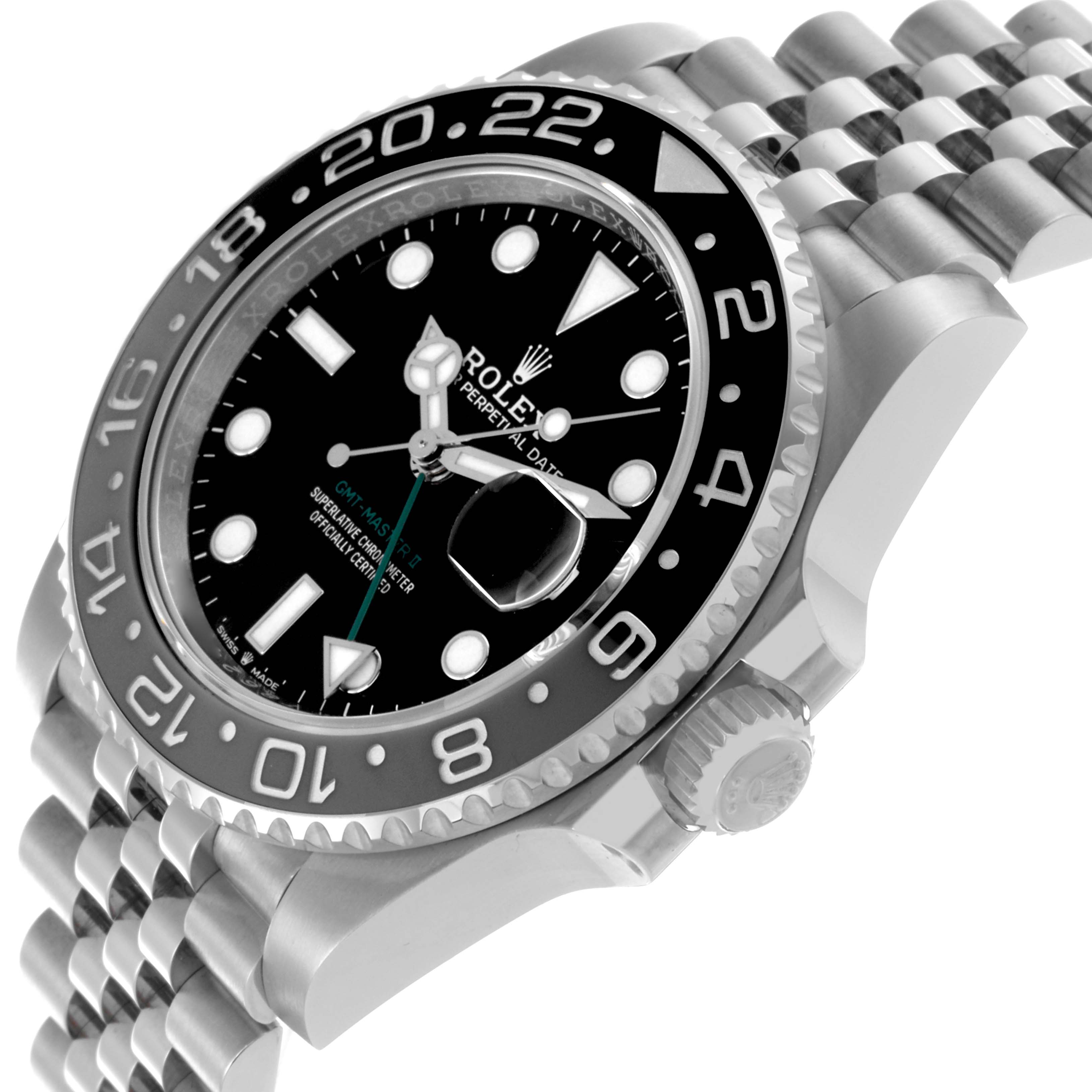 The Rolex GMT-Master 126710GRNR Men's Stainless Steel Black Dial 126710GRNR Men's Stainless Steel Black Dial watch is shown in a three-quarter angle, highlighting the bezel, face, crown, and Jubilee bracelet.
