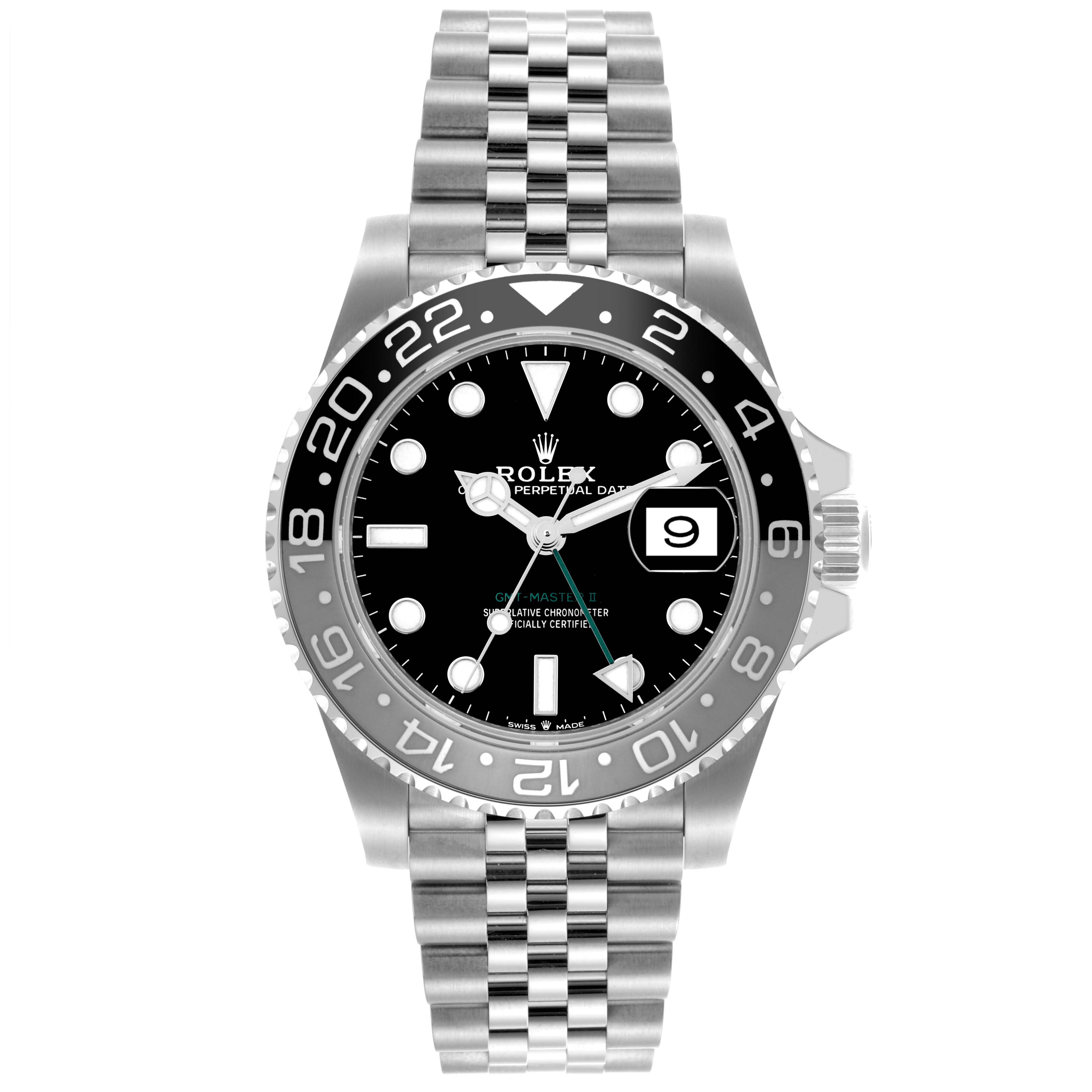 The Rolex GMT-Master 126710GRNR Men's Stainless Steel Black Dial 126710GRNR Men's Stainless Steel Black Dial watch is shown from a front angle, highlighting the dial, bezel, and jubilee bracelet.