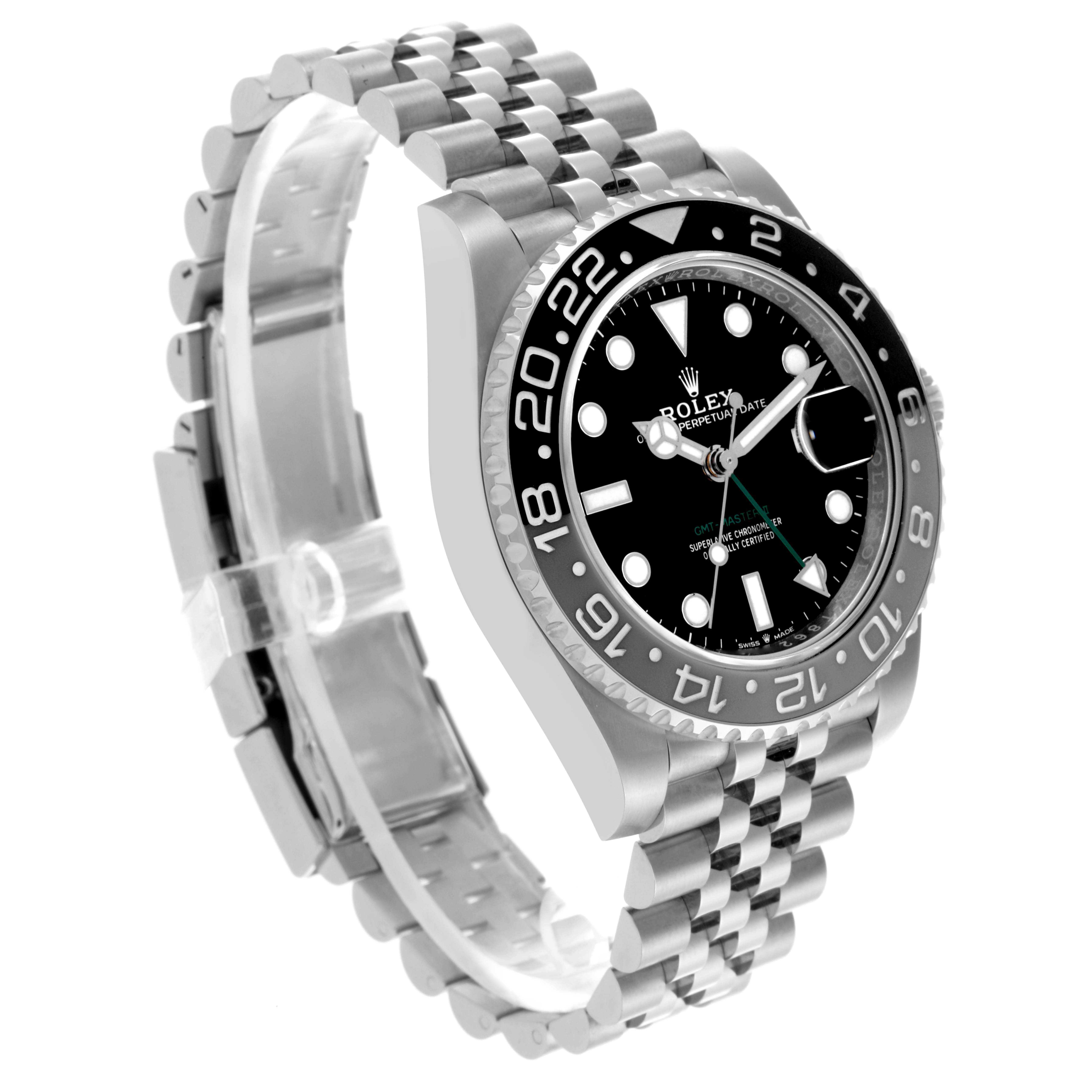 The Rolex GMT-Master 126710GRNR Men's Stainless Steel Black Dial 126710GRNR Men's Stainless Steel Black Dial watch is shown at a slight angle, displaying the bezel, dial, and jubilee bracelet.