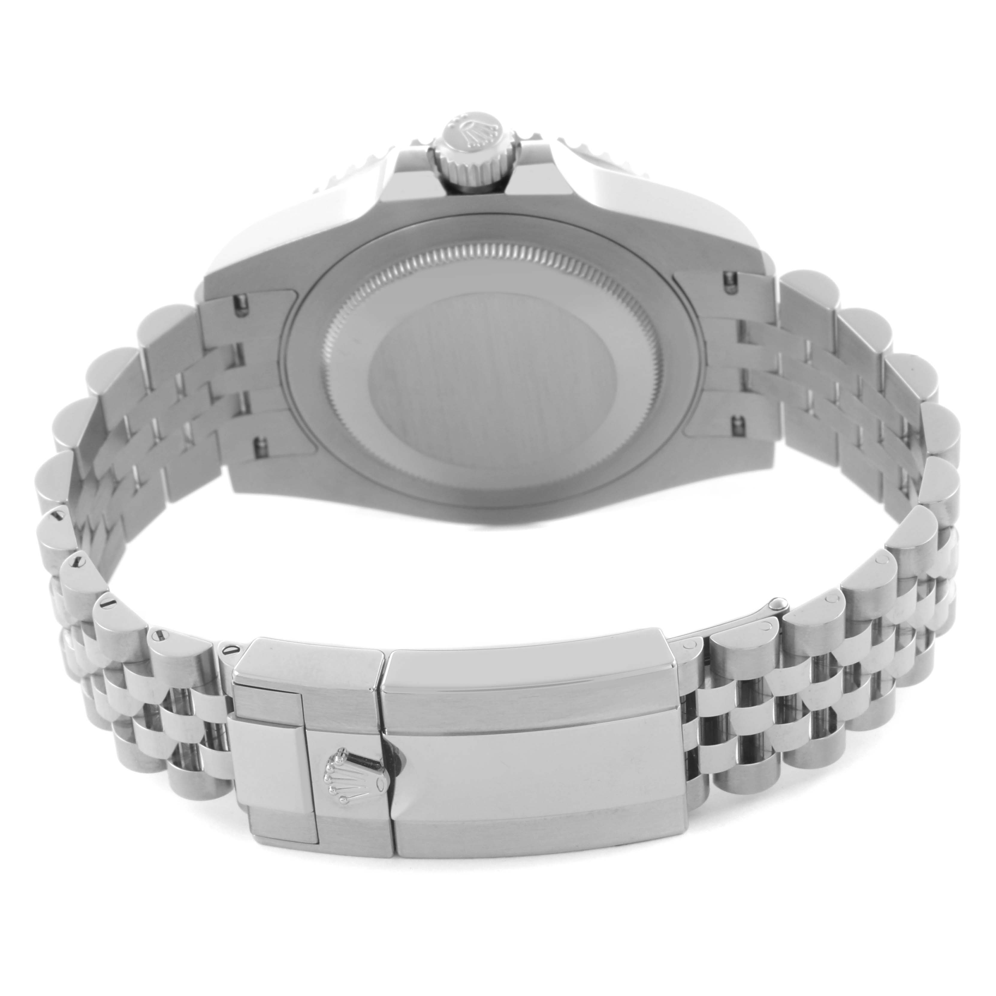 The image shows the back of the Rolex GMT-Master 126710GRNR Men's Stainless Steel Black Dial 126710GRNR Men's Stainless Steel Black Dial watch, highlighting the case back, crown, and bracelet clasp.