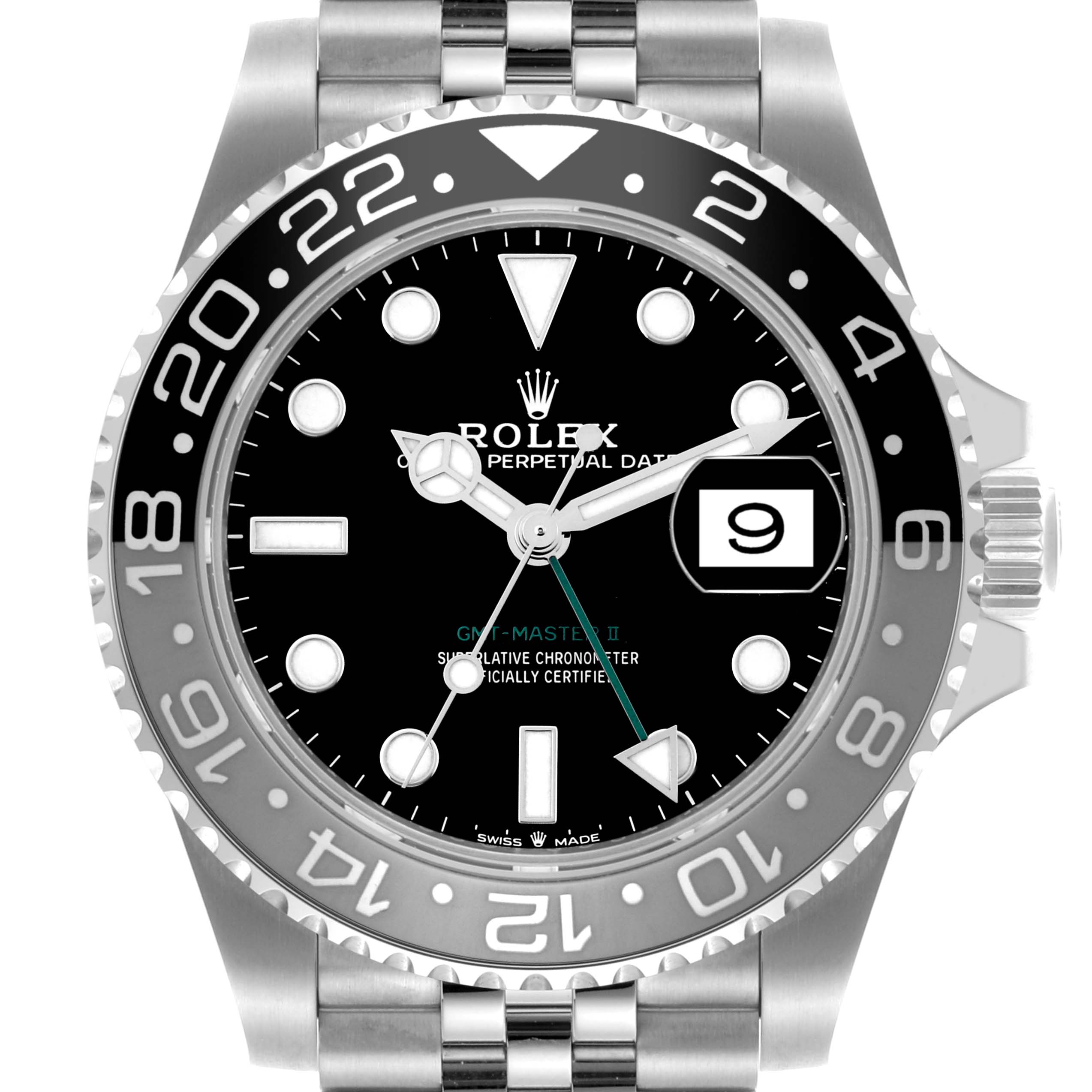 The image shows a front view of the Rolex GMT-Master 126710GRNR Men's Stainless Steel Black Dial 126710GRNR Men's Stainless Steel Black Dial II watch, highlighting the dial, bezel, and part of the bracelet.