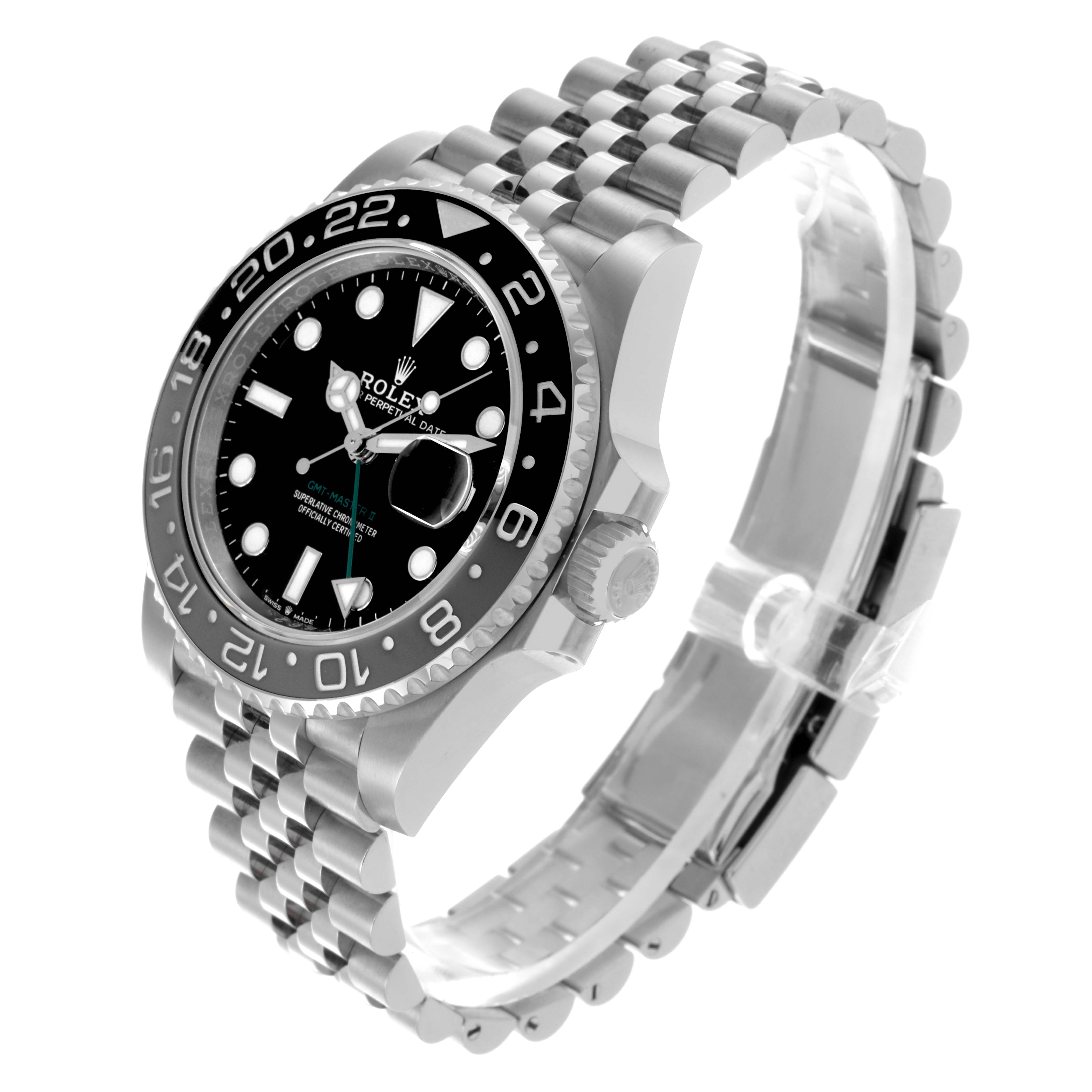The image shows a side angle of a Rolex GMT-Master 126710GRNR Men's Stainless Steel Black Dial 126710GRNR Men's Stainless Steel Black Dial watch, highlighting the bezel, crown, dial, and bracelet.