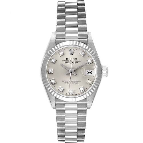 The Rolex President 69179 Women's White Gold Silver Dial 69179 Women's White Gold Silver Dial model is shown from the front, highlighting its face, date window, hands, and metallic bracelet.