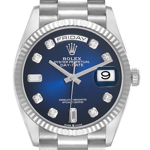 The Rolex President 128239 Men's White Gold Blue Dial 128239 Men's White Gold Blue Dial model watch is shown from the front, displaying its blue dial, day-date feature, and diamond hour markers.